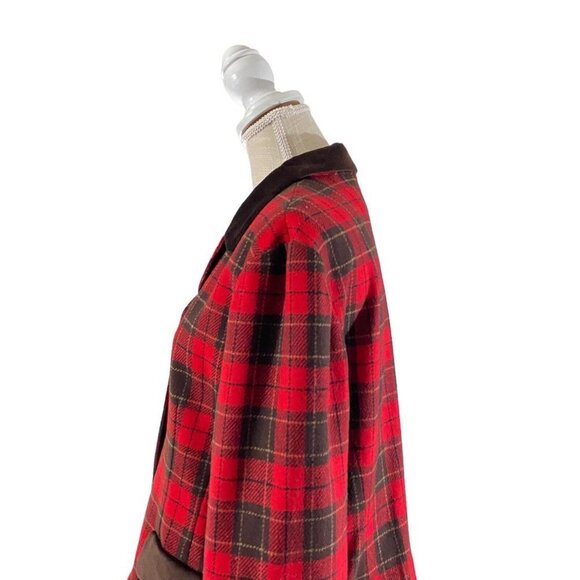 Liz Sport Red Black Plaid 5-Button Wool Blazer Sz 14P Brown Contrast Jacket EUC - Picture 5 of 13